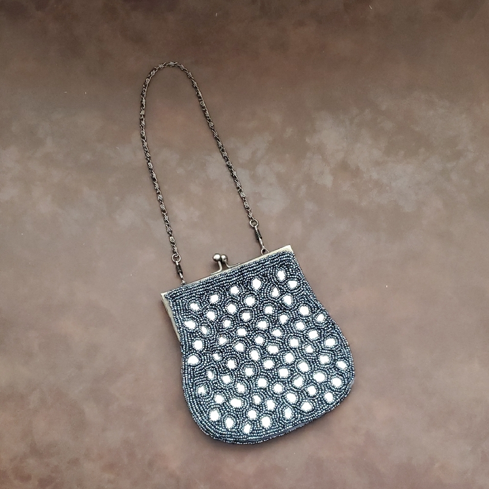 Vintage Blue Silver Beaded Evening Bag – Mirror Effect Art Deco Style